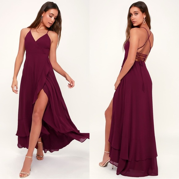 Lulus Dresses & Skirts - NWOT Lulus In Love Forever Burgundy Lace-Up High-Low Maxi Dress